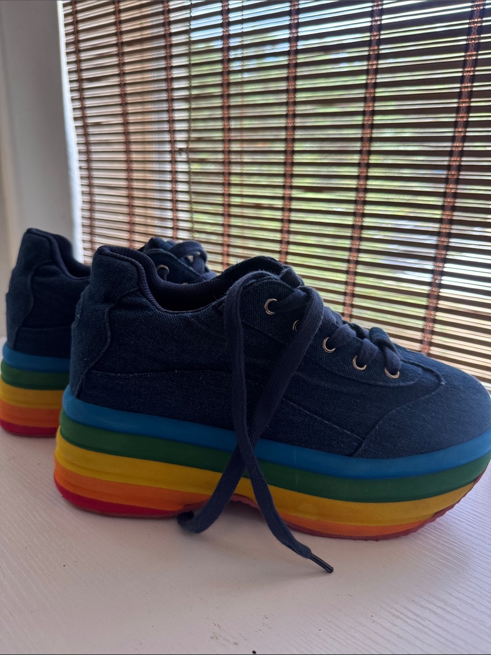 Jeffrey Campbell Navy Denim Platform Sneakers with Rainbow Layered Sole